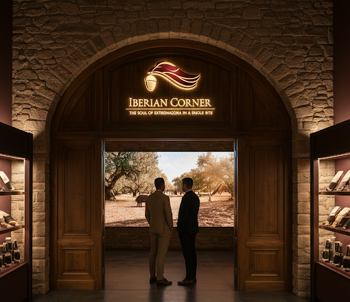 Equipo de Iberian Corner con visitantes frente al local