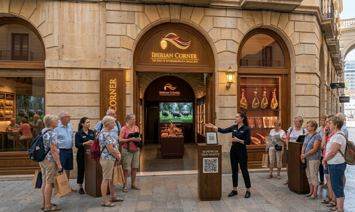 Fachada de Iberian Corner con arcos de piedra y Hoster recibiendo al grupo de turistas